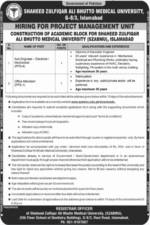 Shaheed Zulfiqar Ali Bhutto Medical University SZABMU Jobs – Shaheed Zulfiqar Ali Bhutto Medical University Islamabad Jobs 2026 — original advertisement