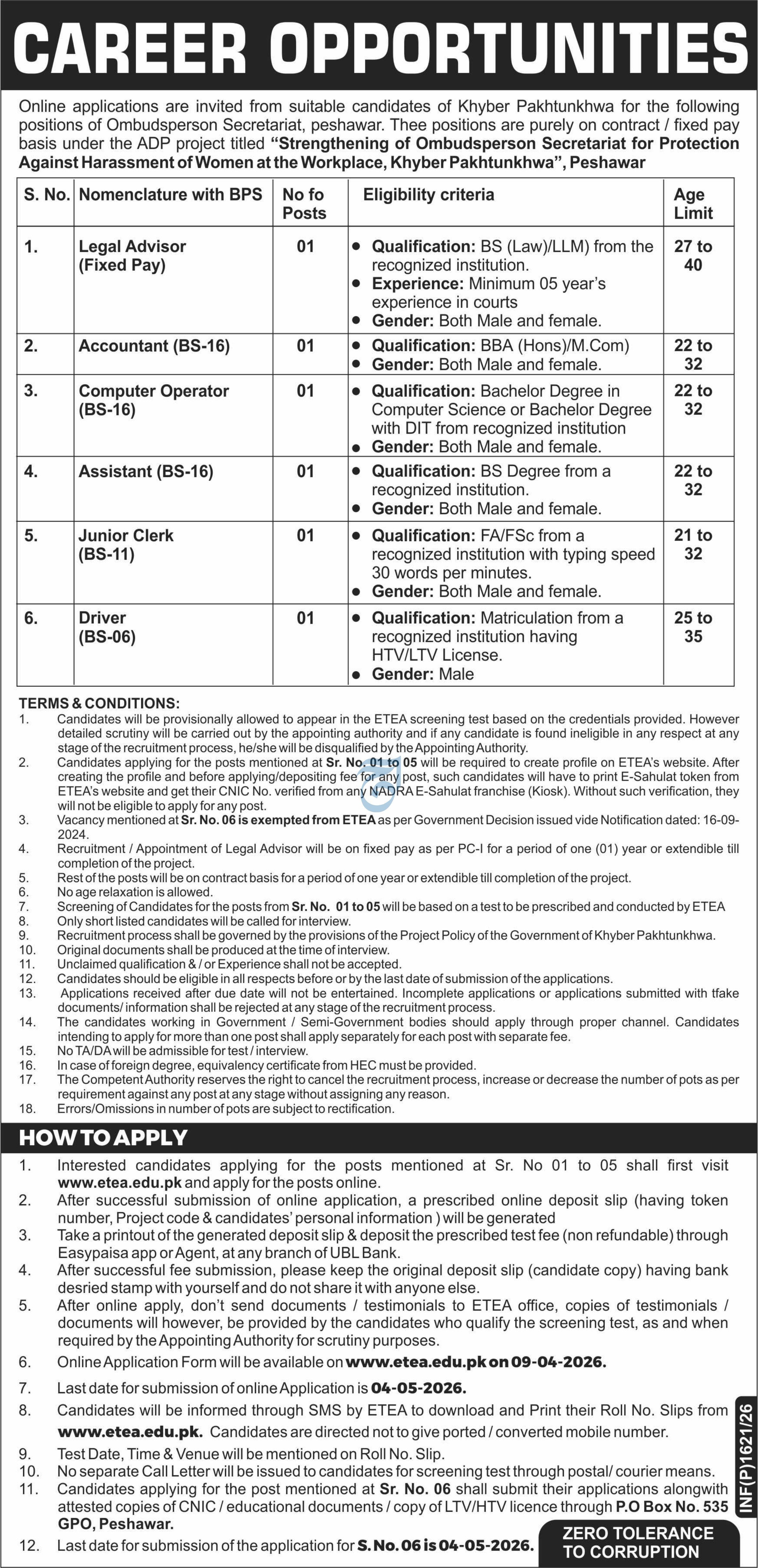 Ombudsperson Secretariat peshawar Khyber Pakhtunkhwa Jobs – Provincial Ombudsman Kpk Jobs 2026 — original advertisement