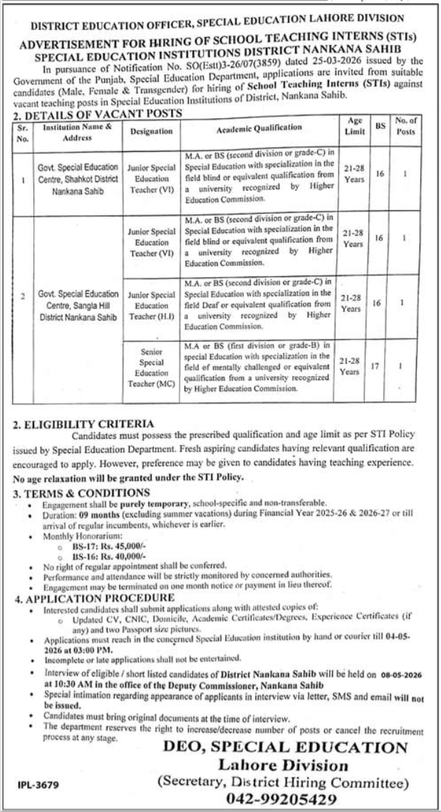 Special Education Institution SEI Nankana Sahib Jobs 2026 – Special Education Department Punjab Jobs 2026 — original advertisement