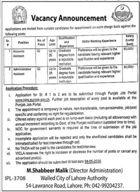 Walled City Of Lahore Authority Lahore Jobs 2026 – Walled City Of Lahore Authority WLCA Jobs 2026 — original advertisement