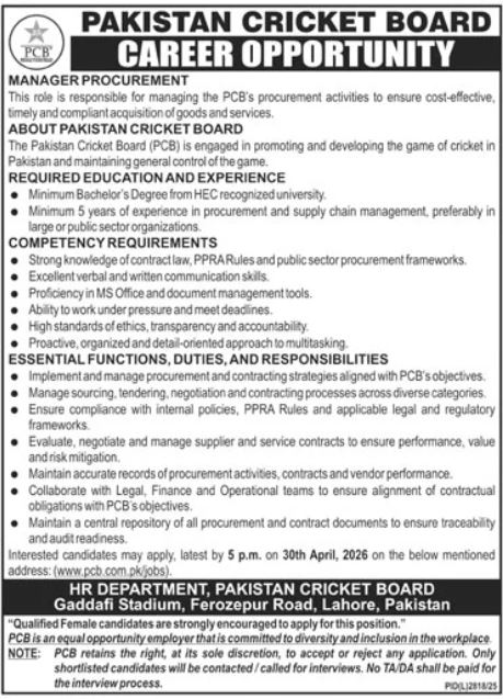 Pakistan Cricket Board PCB Lahore Job 2026 – Pakistan Cricket Board (PCB) Jobs 2026 — original advertisement