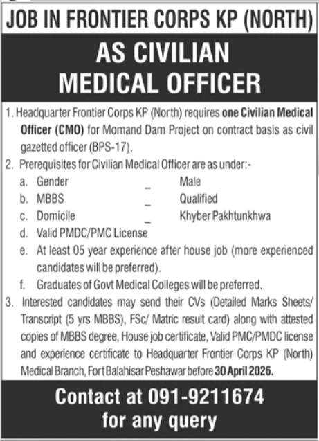 Headquarters Frontier Corps Peshawar Job 2026 – Frontier Corps Kpk Jobs 2026 — original advertisement