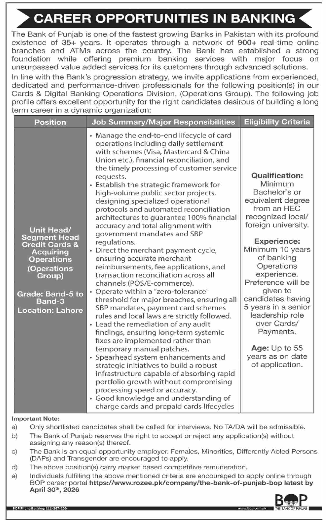 The Bank Of Punjab BOP Lahore Job 2026 Jobs 2026 — original advertisement