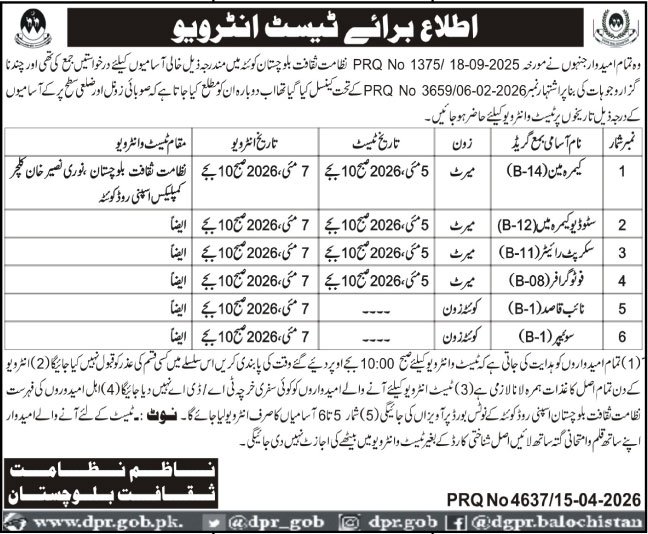 Culture Department Quetta Jobs Test Interview 2026 – Agriculture Department Balochistan Jobs 2026 — original advertisement