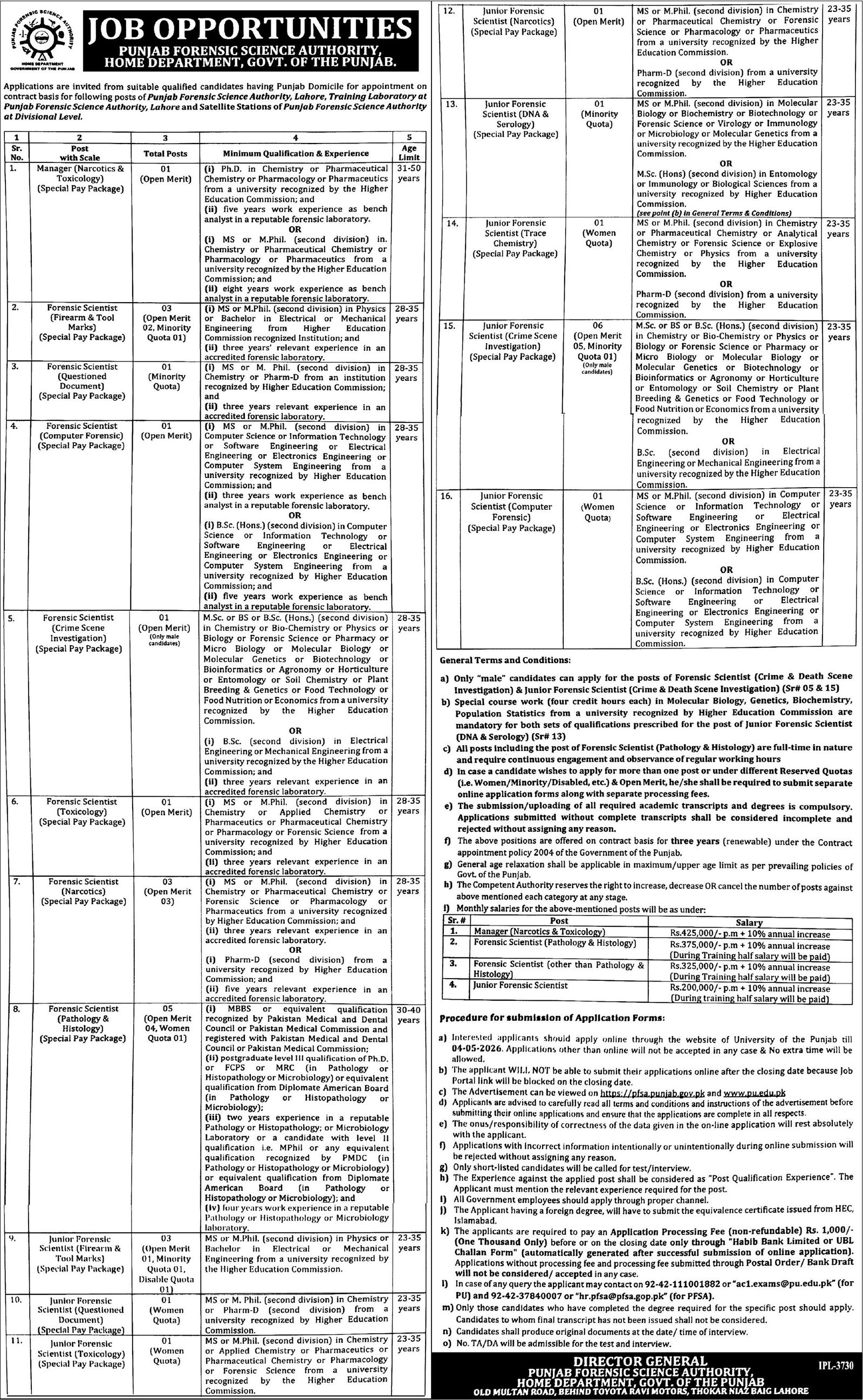 Home Department Punjab Lahore Jobs For Forensic Scientist Jobs 2026 — original advertisement