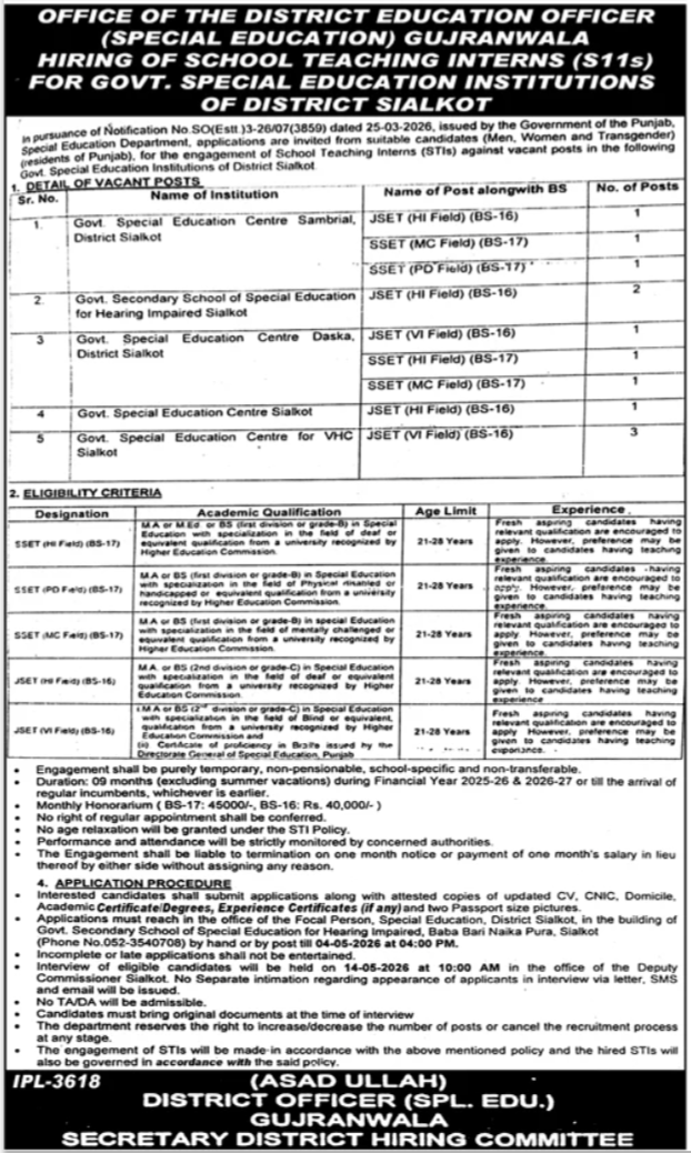 Govt Special Education Institution SEI Sialkot Jobs 2026 – Special Education Department Punjab Jobs 2026 — original advertisement