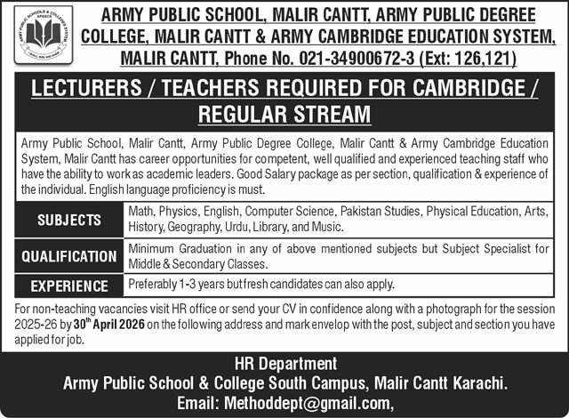 Army Public School & College APS&C Karachi Jobs 2026 – Army Public School & College Paksitan Jobs 2026 — original advertisement