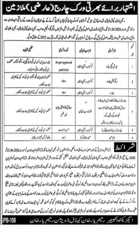 Canal Division Rahim Yar Khan Jobs 2026 – Irrigation Department Balochsitan Jobs 2026 — original advertisement