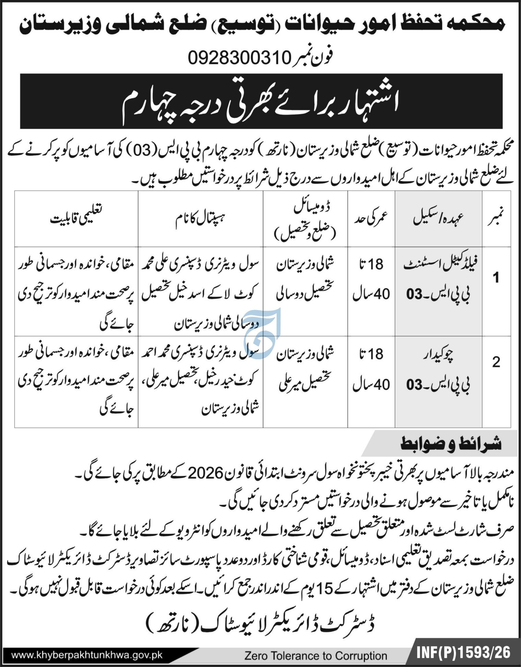 Department of Animal Welfare Extension North Waziristan Jobs – Forest Department Khyber Pakhtunkhwa Jobs 2026 — original advertisement