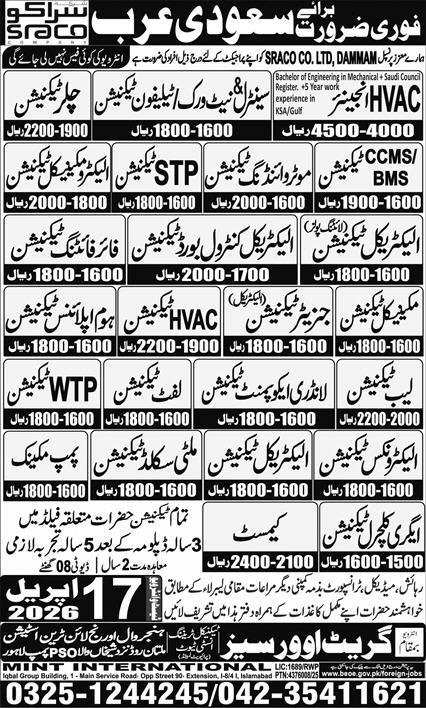 Electrical Control Board Technician & Chemist Jobs 2026 – Great View Overseas Employment Promoter Jobs 2026 — original advertisement
