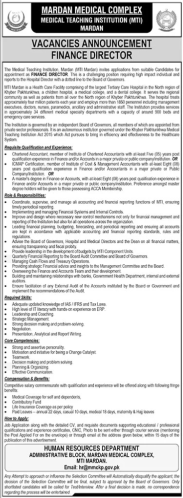 Mardan Medical Complex MTI Jobs 2026 For Finance Director Jobs 2026 — original advertisement
