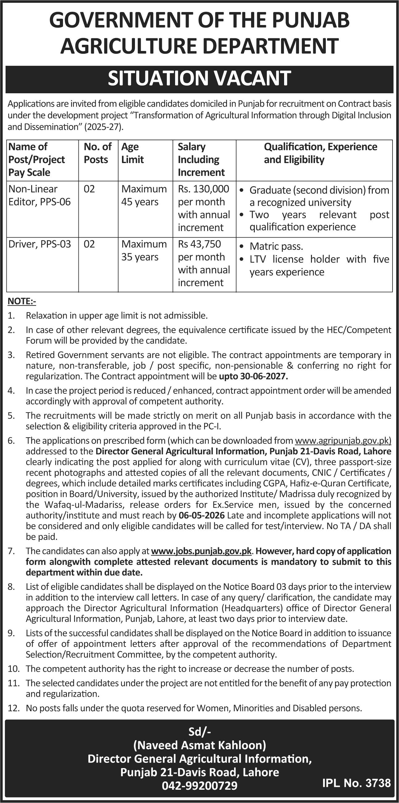 Directorate General Agricultural Information Punjab Jobs – Directorate General Information Technology Jobs 2026 — original advertisement