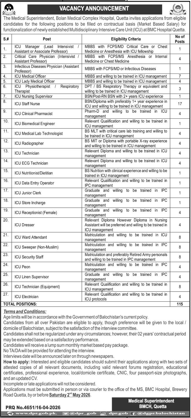 Bolan Medical Complex Hospital BMCH Quetta Jobs 2026 – Bolan Medical Complex Hospital Quetta Jobs 2026 — original advertisement