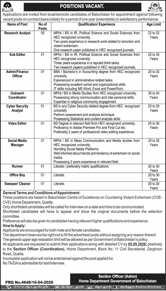 Home Department Balochistan Jobs 2026 For Sub Editor – Home & Tribal Affairs Department Balochistan Jobs 2026 — original advertisement