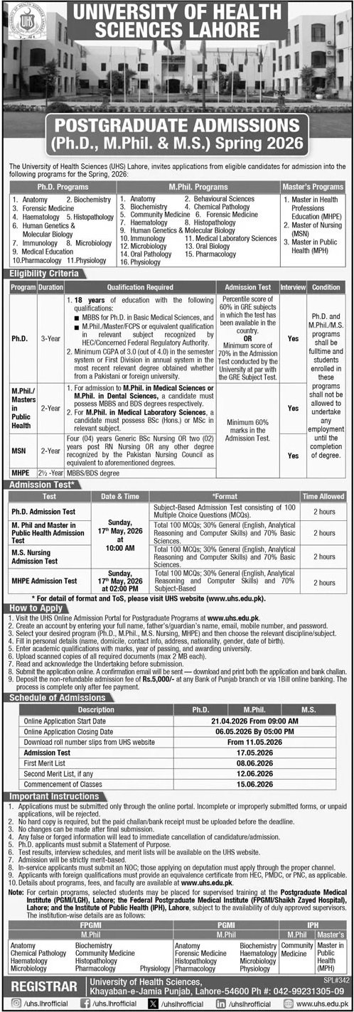Admission Open in University of Health Sciences Lahore 2026 Admissions 2026 — original advertisement