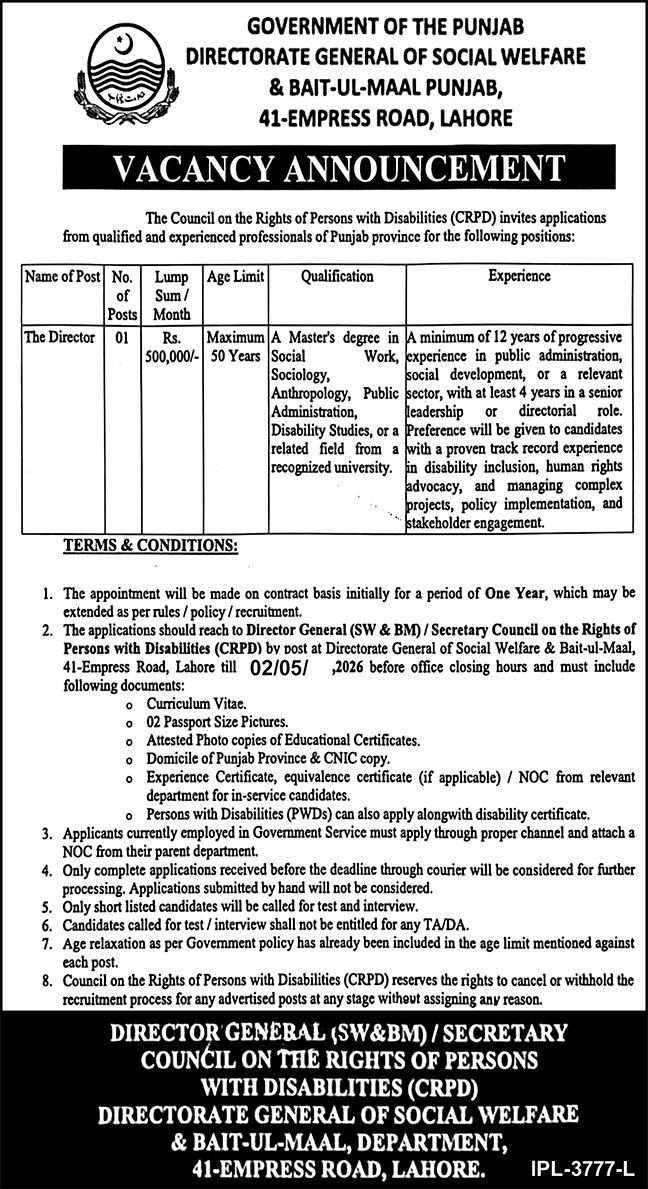 Social Welfare & Bait Ul Maal Lahore Job 2026 – Social Welfare & Bait-Ul-Maal Department Punjab Jobs 2026 — original advertisement