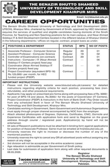 Shaheed University Of Technology & Skill Development Jobs – Benazir Bhutto Shaheed University of Technology and Skill Development Khairpur Mirs Jobs 2026 — original advertisement