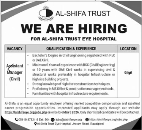 Al Shifa Trust Eye Hospital Jobs 2026 – Al-Shifa Trust Eye Hospital Rawalpindi Pakistan Jobs 2026 — original advertisement