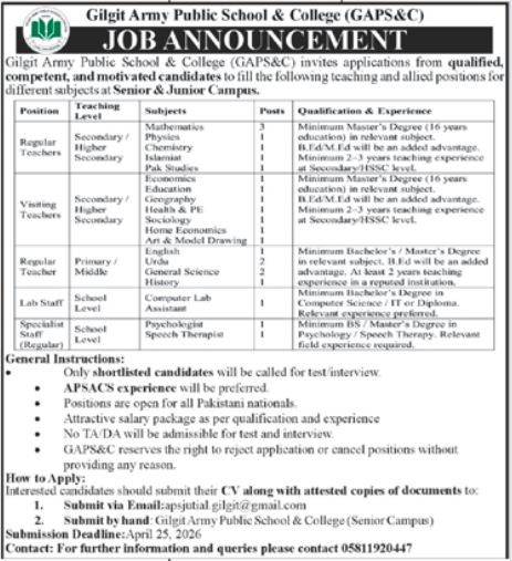 Army Public School & College APS&C Gilgit Jobs 2026 – Army Public School & College Paksitan Jobs 2026 — original advertisement