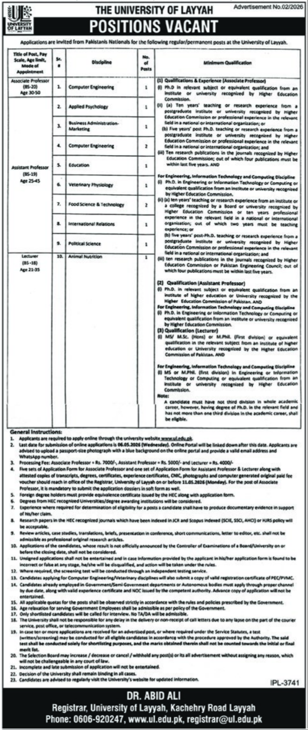 The University of Layyah Jobs 2026 Jobs 2026 — original advertisement