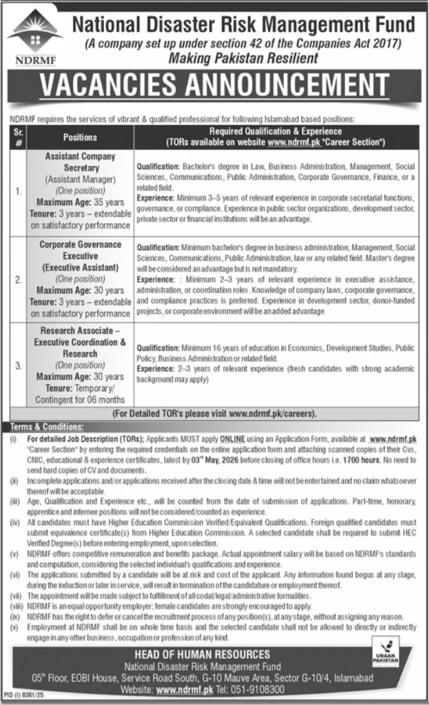 National Disaster Risk Management Fund Jobs 2026 – National Disaster & Risk Management Fund Jobs 2026 — original advertisement
