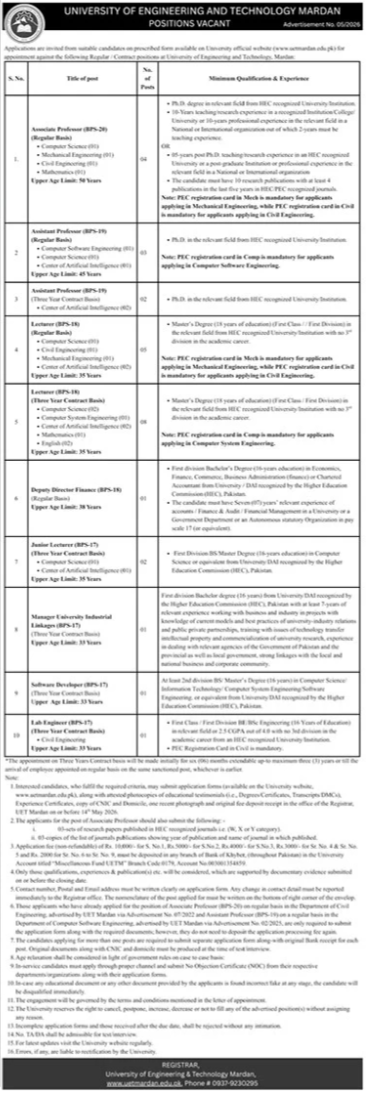University of Engineering and Technology UET Mardan Jobs – University of Engineering  & Technology Lahore Jobs 2026 — original advertisement