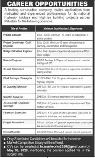 Leading Construction Company Quetta Jobs 2026 – Public Sector Organization Jobs 2026 — original advertisement