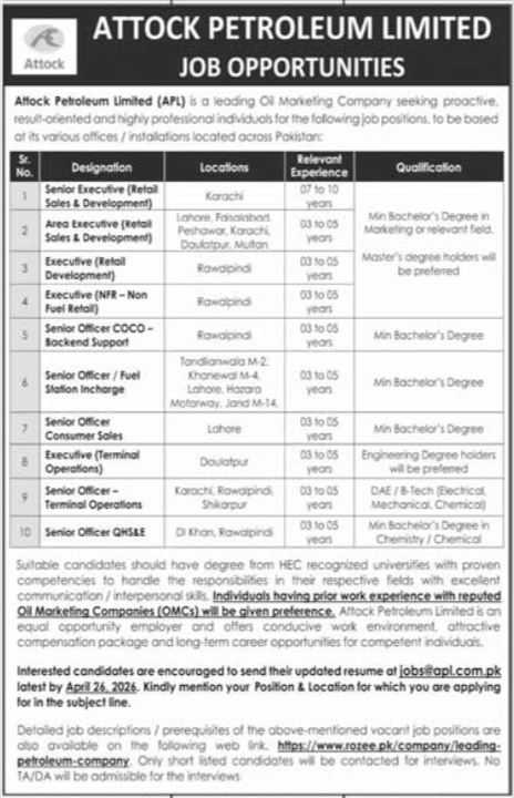 Attock Petroleum Limited APL Islamabad 2026 – Private Company Jobs 2026 — original advertisement