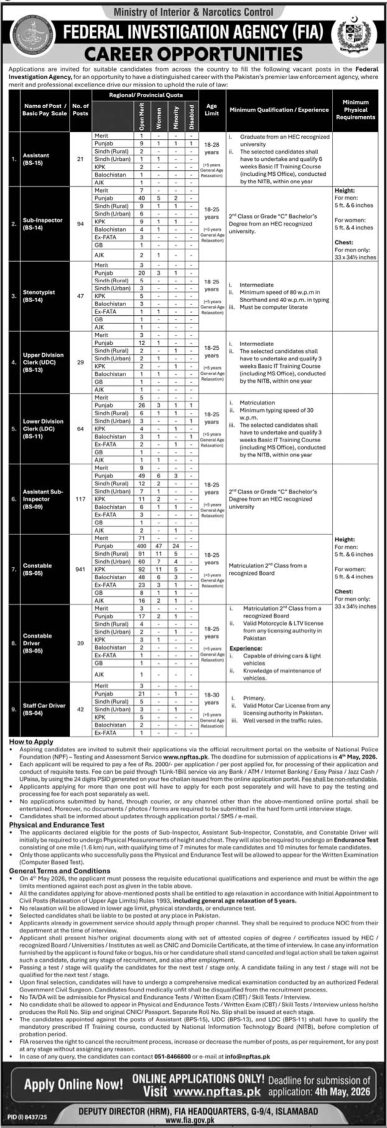 Federal Investigation Agency FIA Islamabad Jobs 2026 – Federal Investigation Agency Pakistan Jobs 2026 — original advertisement