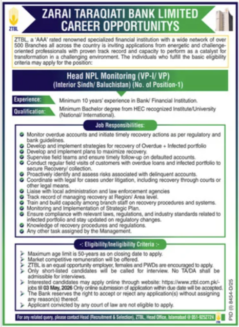 Zarai Taraqiati Bank Limited ZTBL Islamabad Jobs 2026 Jobs 2026 — original advertisement