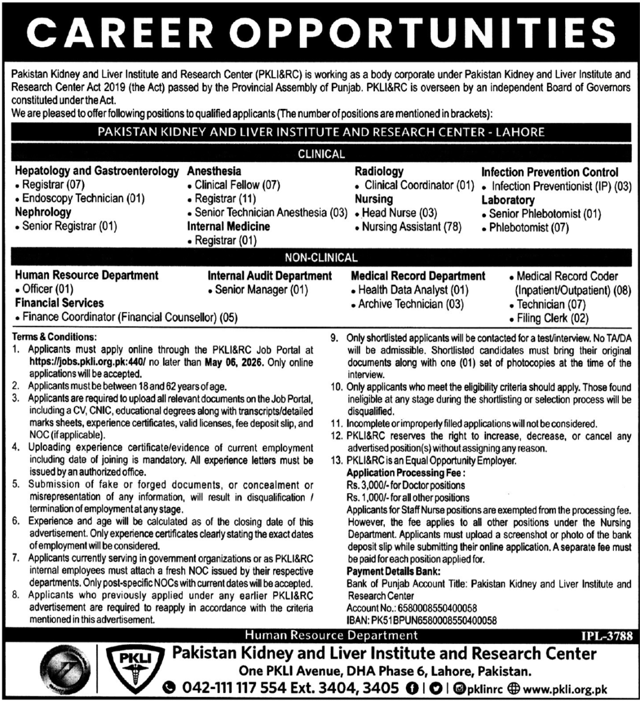 Pakistan Kidney And Liver Institute And Research Centre Jobs – Pakistan Kidney And Liver Institute (PKLI) And Research Centre Lahore Jobs 2026 — original advertisement