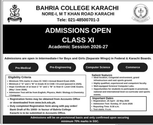 Admission Open in Bahria College Karachi 2026 – Bahria college karsaz Admissions 2026 — original advertisement
