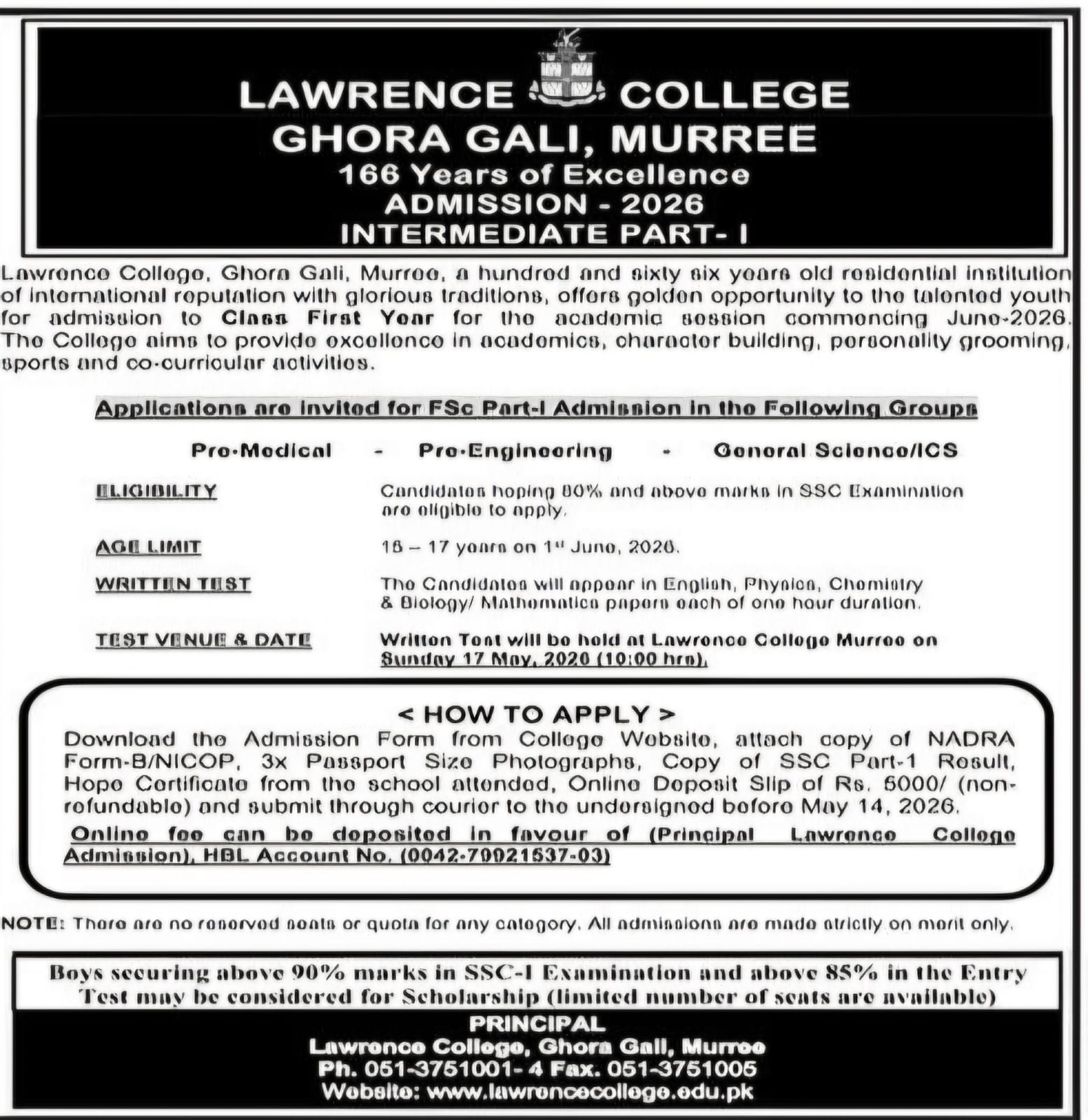 Admission Open in Lawrence College Ghora Gali 2026 Admissions 2026 — original advertisement