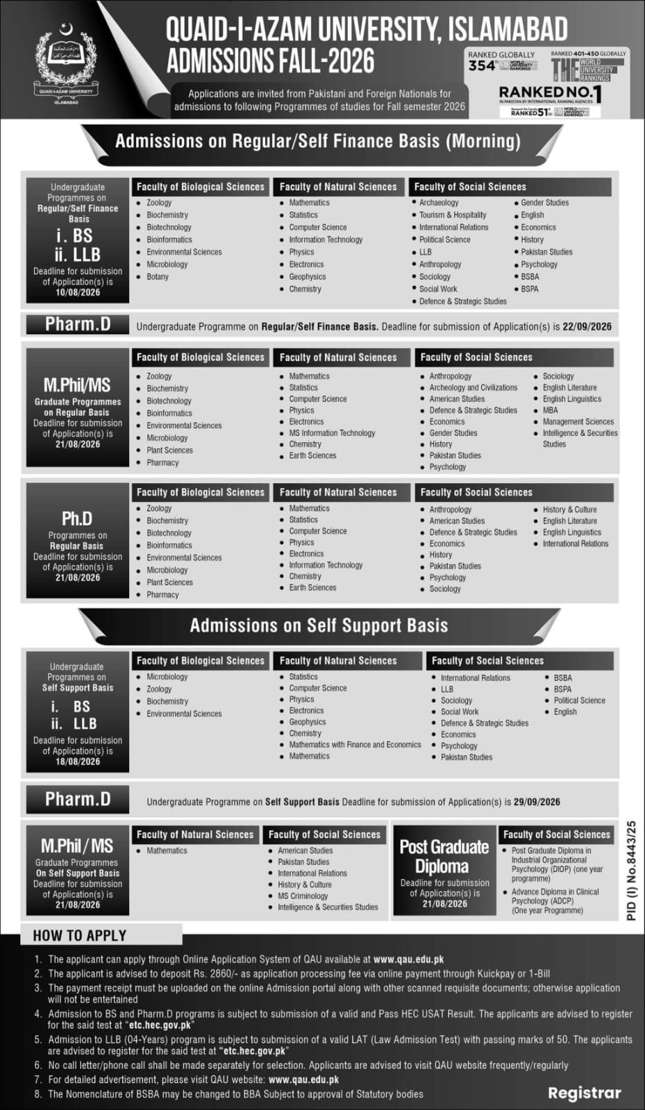 Admission Open in Quaid I Azam University 2026 – Quaid-i-Azam University, Islamabad , Pakistan Admissions 2026 — original advertisement