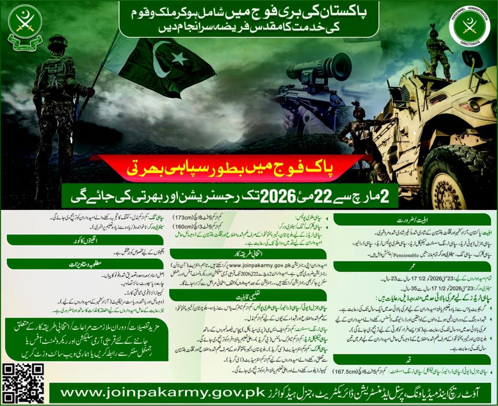 Pakistan Army, specifically for Soldier (Sipahi) Jobs 2026 Jobs 2026 — original advertisement