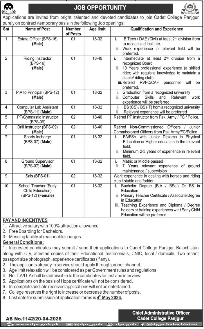 Cadet College Panjgur Jobs 2026 For School Teacher Jobs 2026 — original advertisement