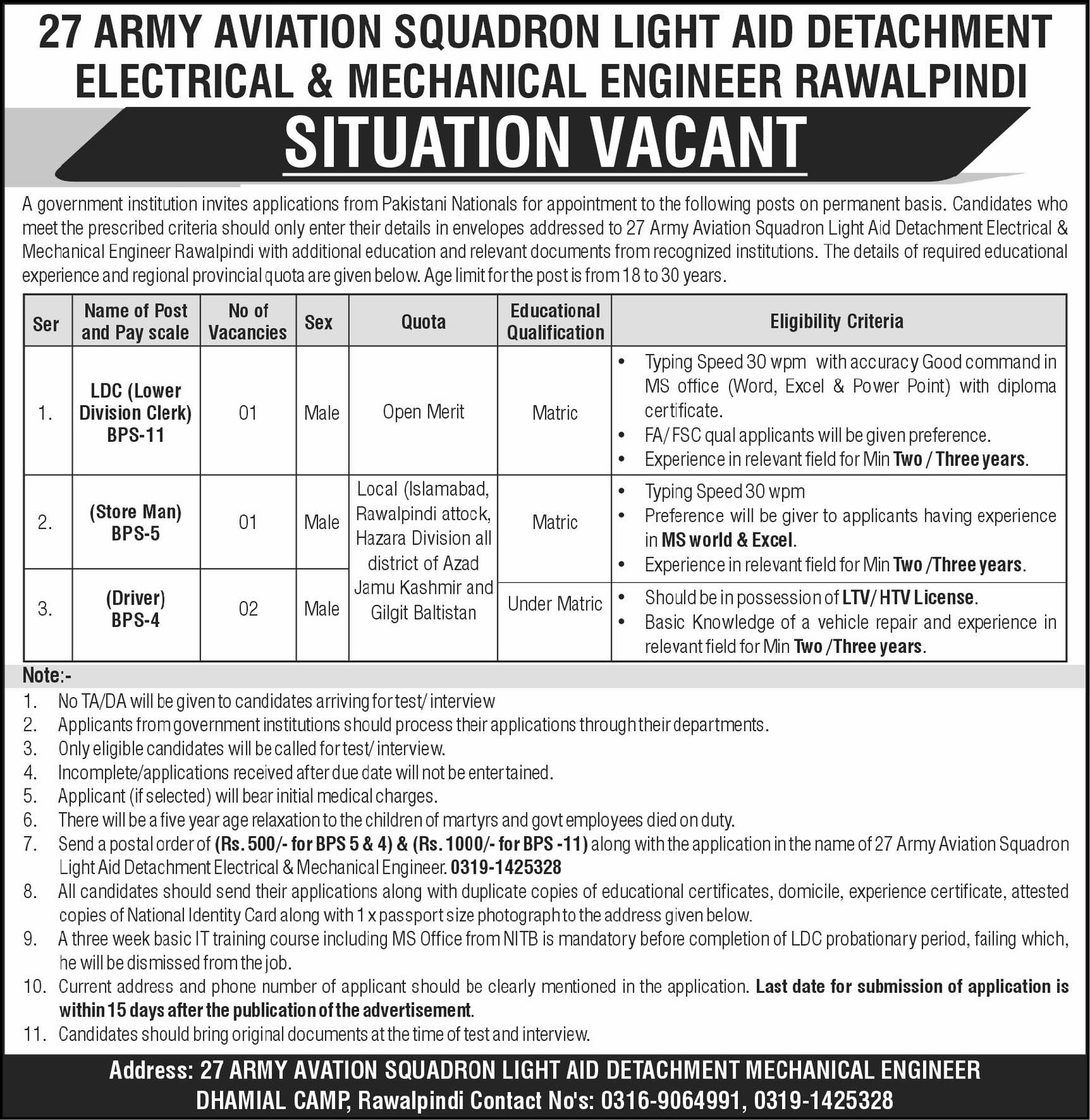 27 Army Aviation Squadron Rawalpindi Jobs 2026 – Pakistan Army Jobs 2026 — original advertisement