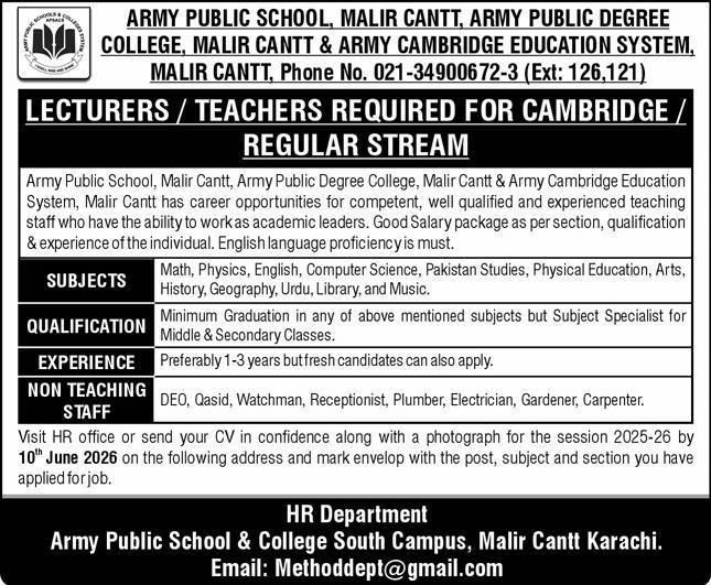 Army Public School & College South Campus Karachi Jobs 2026 – Pakistan Army Jobs 2026 — original advertisement
