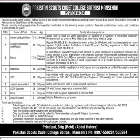 Pakistan Scouts Cadet College Batrsi Manshera Jobs 2026 – Pakistan Scouts Cadet College Batrasi Mansehra Jobs 2026 — original advertisement