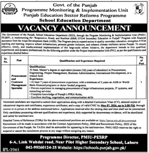 Punjab Education Department Jobs 2026 – Education School Department Punjab Jobs 2026 — original advertisement
