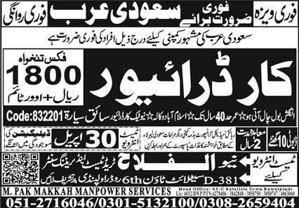 Car Driver Jobs Open In Saudi Arabia 2026 – Al Falah Trade Test Jobs 2026 — original advertisement