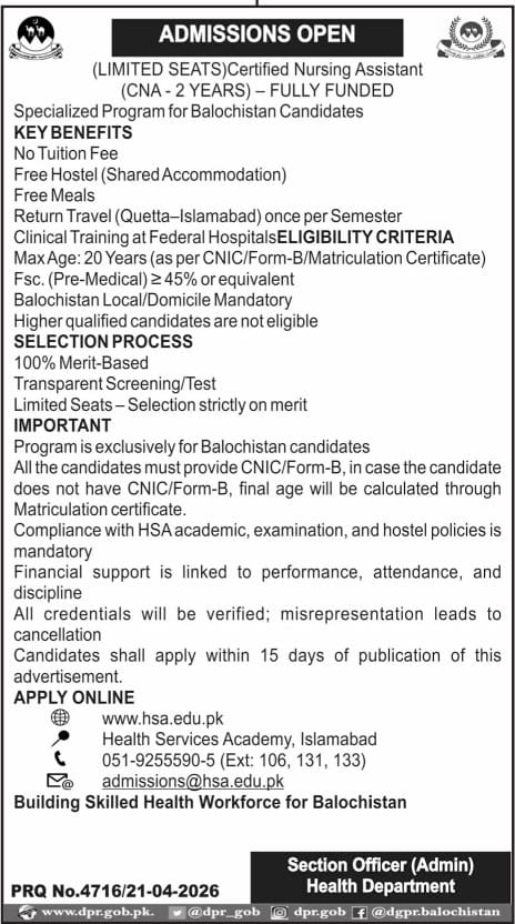 ADMISSIONS OPEN (LIMITED SEATS)Certified Nursing Assistant – Health Department Balochsitan Admissions 2026 — original advertisement