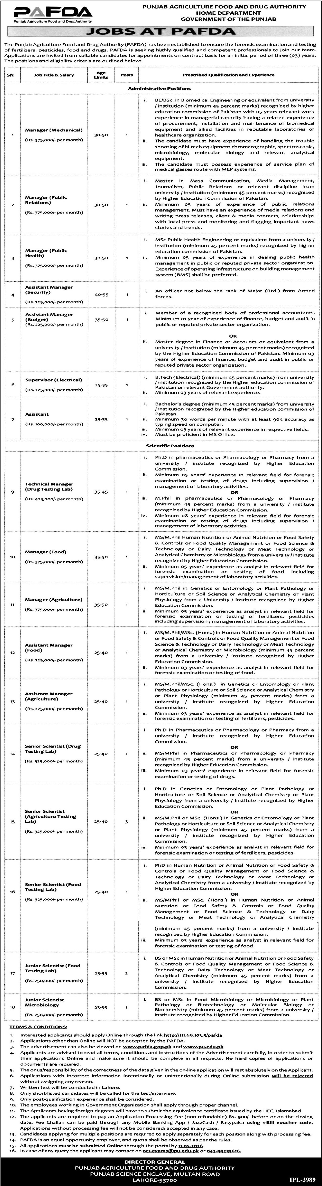 Punjab Agriculture Food & Drug Authority PAFDA Jobs 2026 – Punjab Agriculture Research Board (PARB) Jobs 2026 — original advertisement