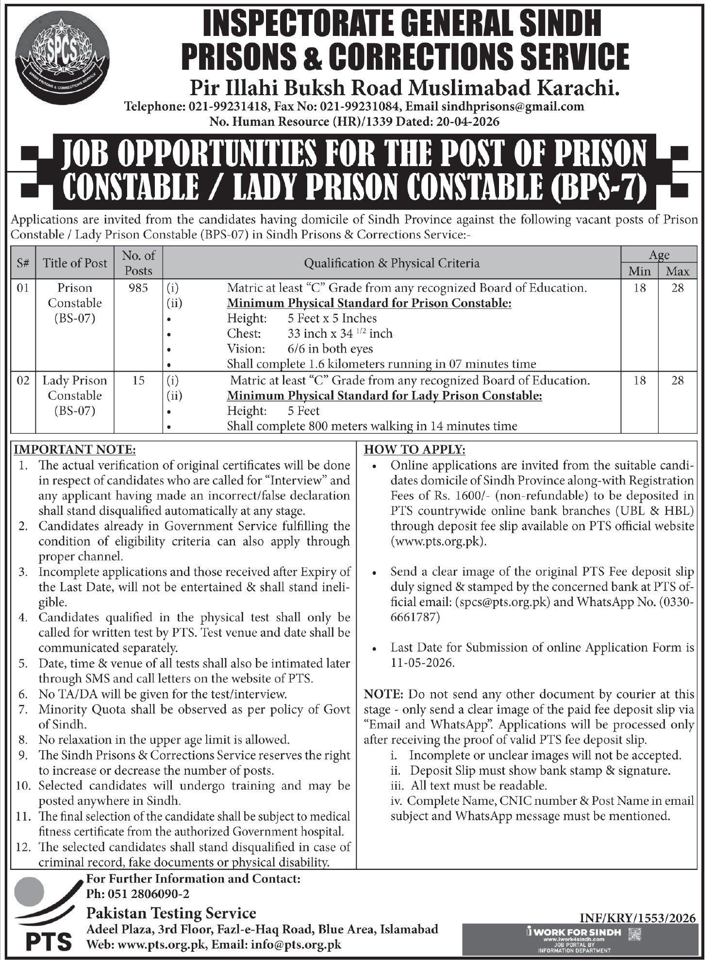 Inspectorate General Sindh Prisons & Corrections Jobs 2026 – Govt of Sindh Jobs 2026 — original advertisement