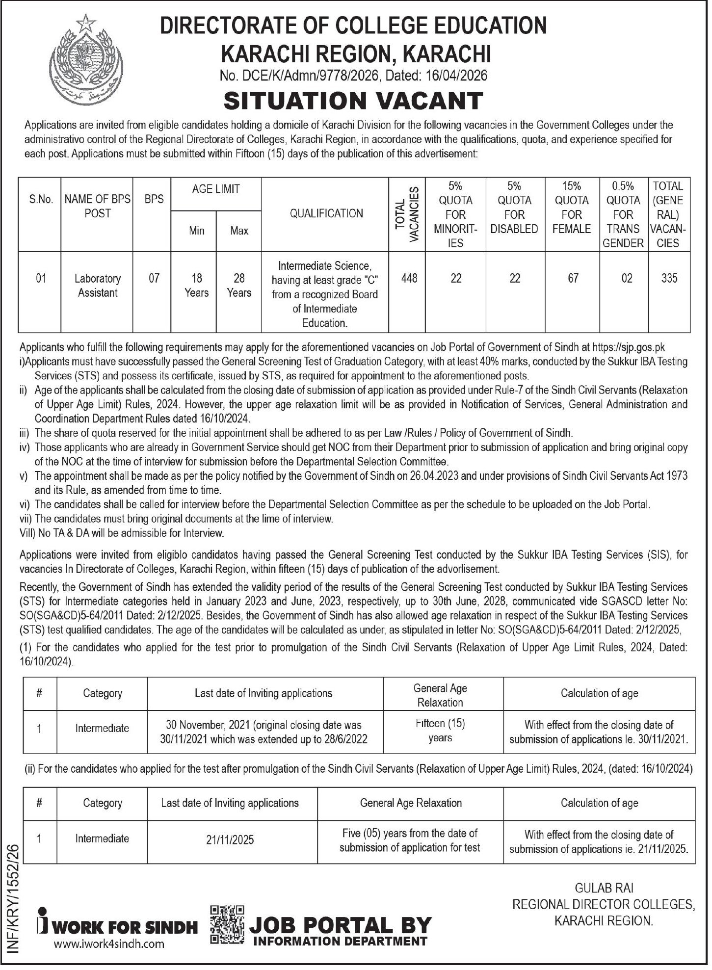 Directorate Of College Education Karachi Region Jobs 2026 – Regional Directorate Of College Jobs 2026 — original advertisement