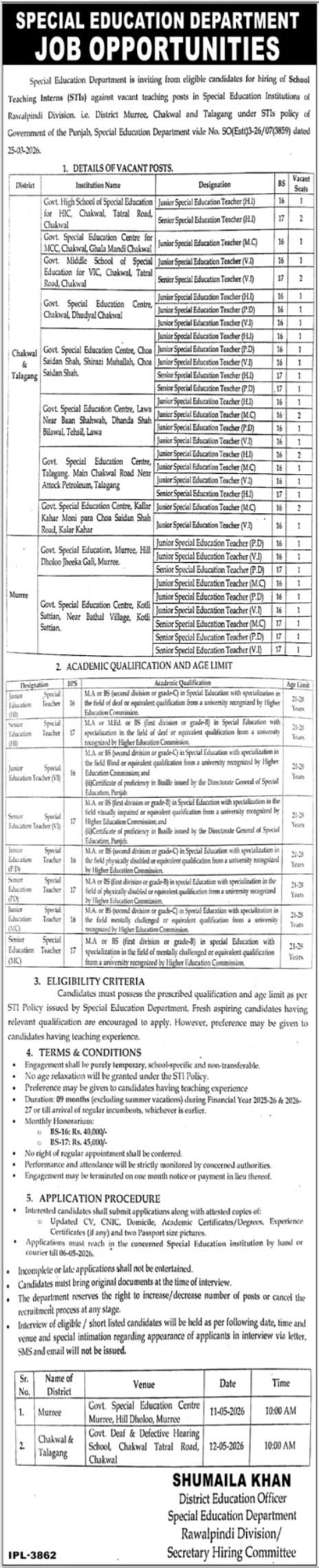 Special Education Department Rawalpindi Jobs 2026 – Special Education Department Punjab Jobs 2026 — original advertisement