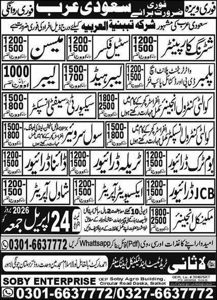 Labor Head & Quality Control Engineer Jobs 2026 – Soby Enterprises Overseas Employment Promoters Jobs 2026 — original advertisement