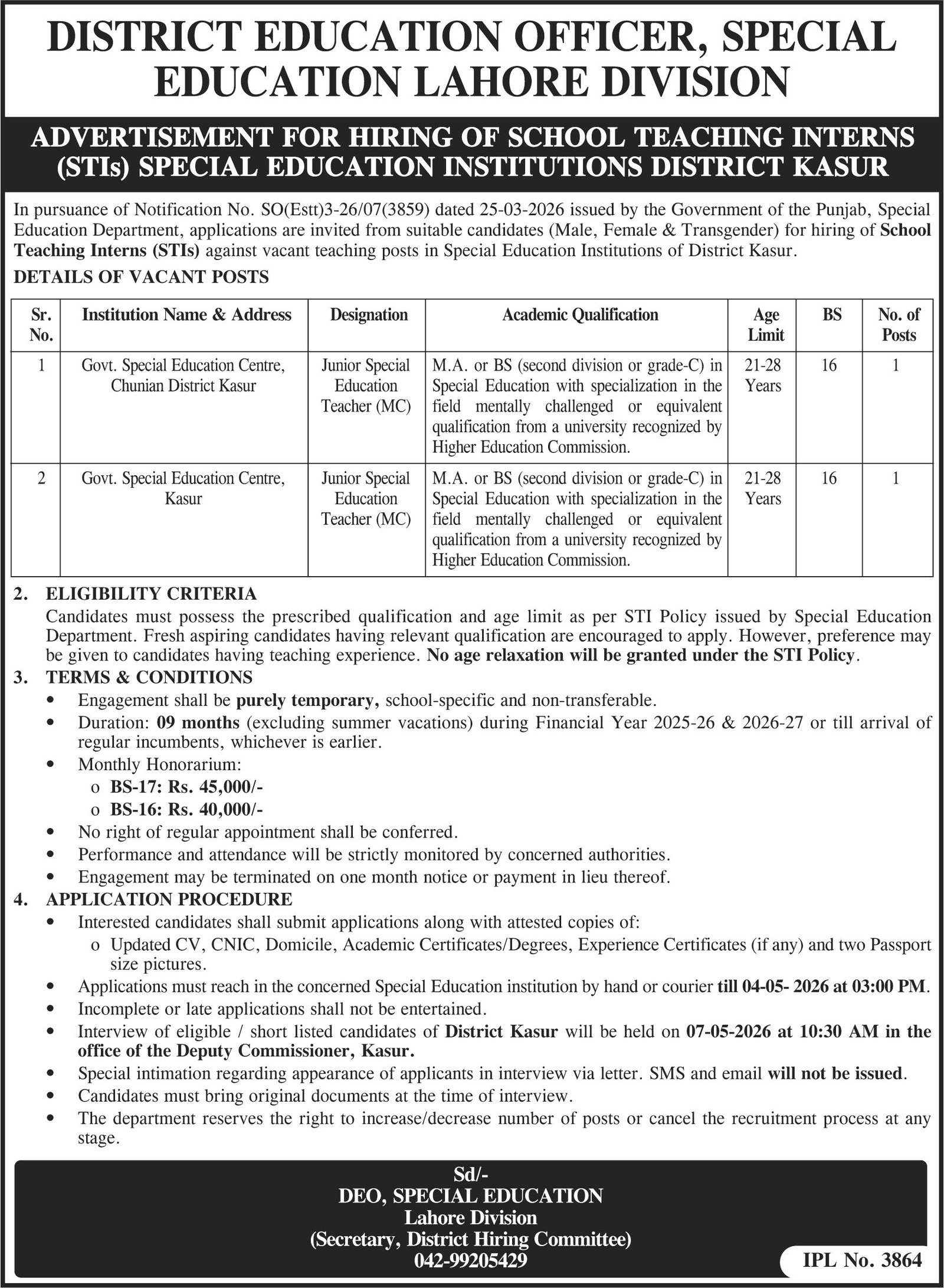 Special Education Institution SEI Lahore Job 2026 – Special Education Department Punjab Jobs 2026 — original advertisement