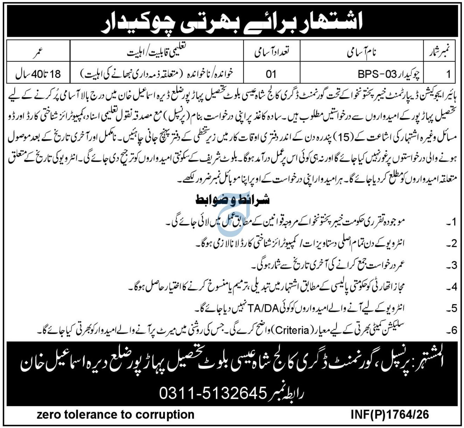 Government Degree College Dera Ismail Khan Job 2026 – Govt Degree College Nawagai District Bajaur Jobs 2026 — original advertisement