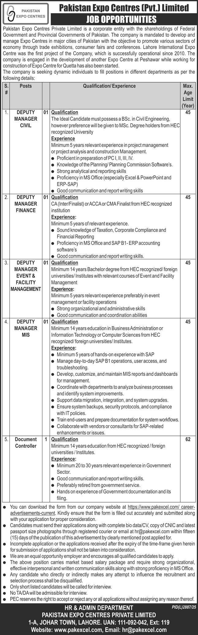 Pakistan Expo Centres Lahore Jobs 2026 For Deputy Managers – Pakistan Expo Centres Private Limited Jobs 2026 — original advertisement